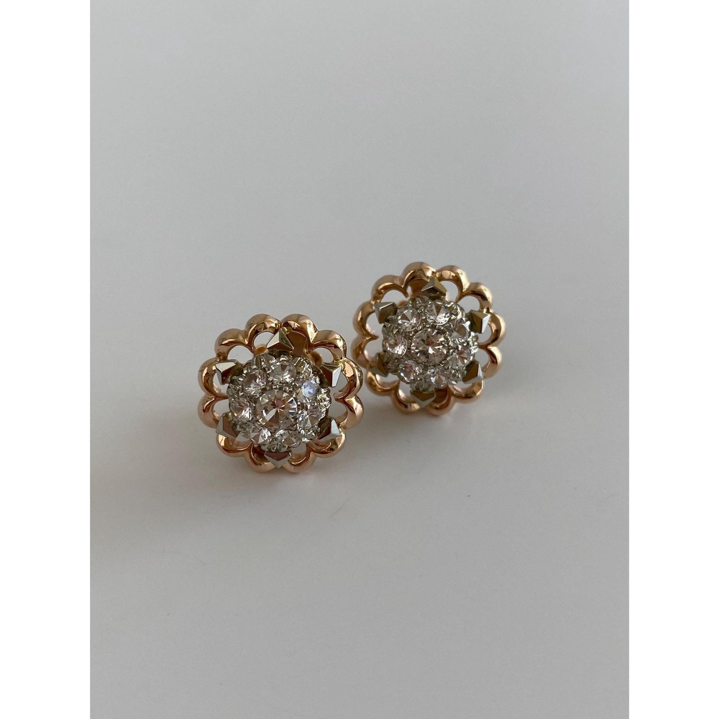 Solid 18k Rose & White Gold Clear Quartz Cluster Stud Earrings