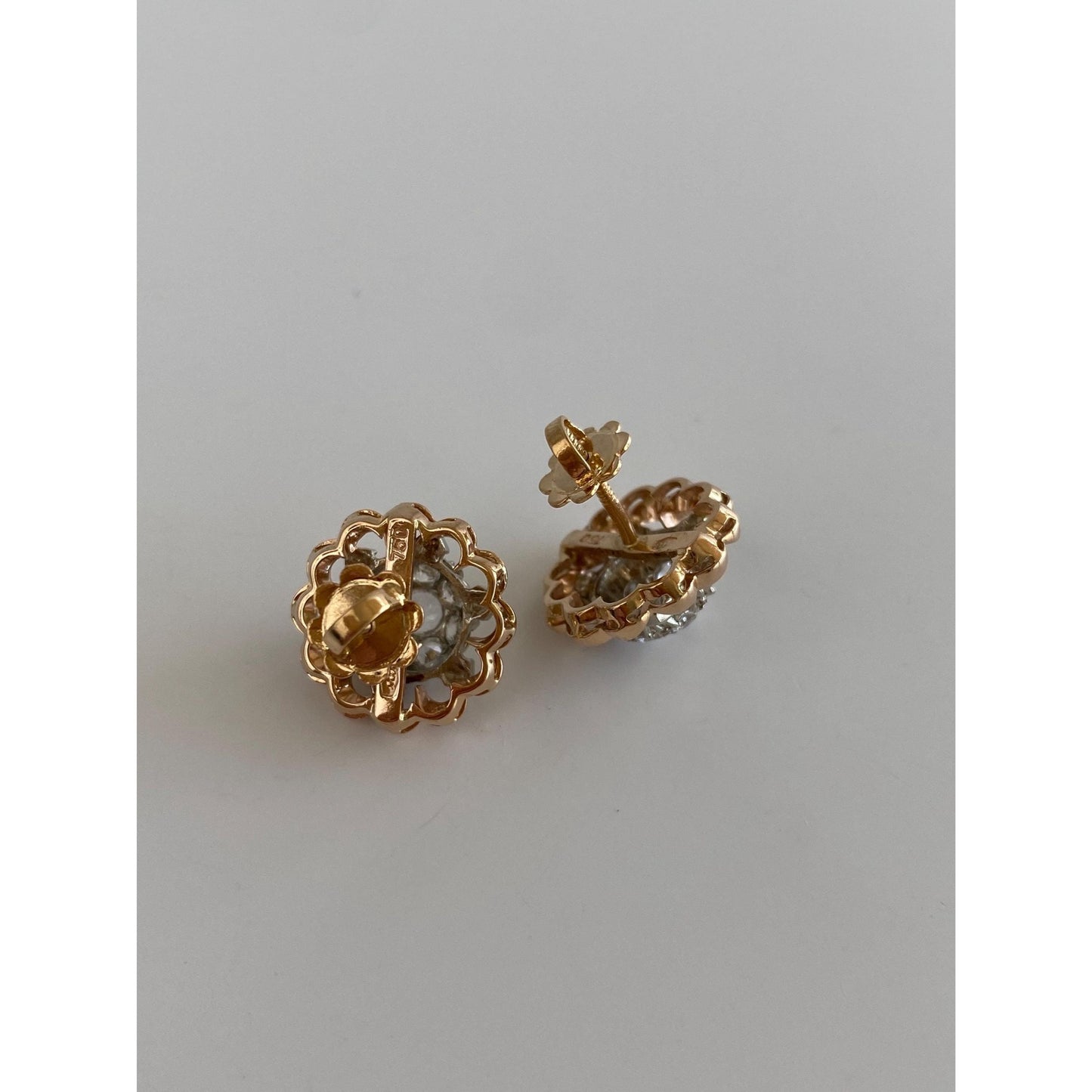 Solid 18k Rose & White Gold Clear Quartz Cluster Stud Earrings