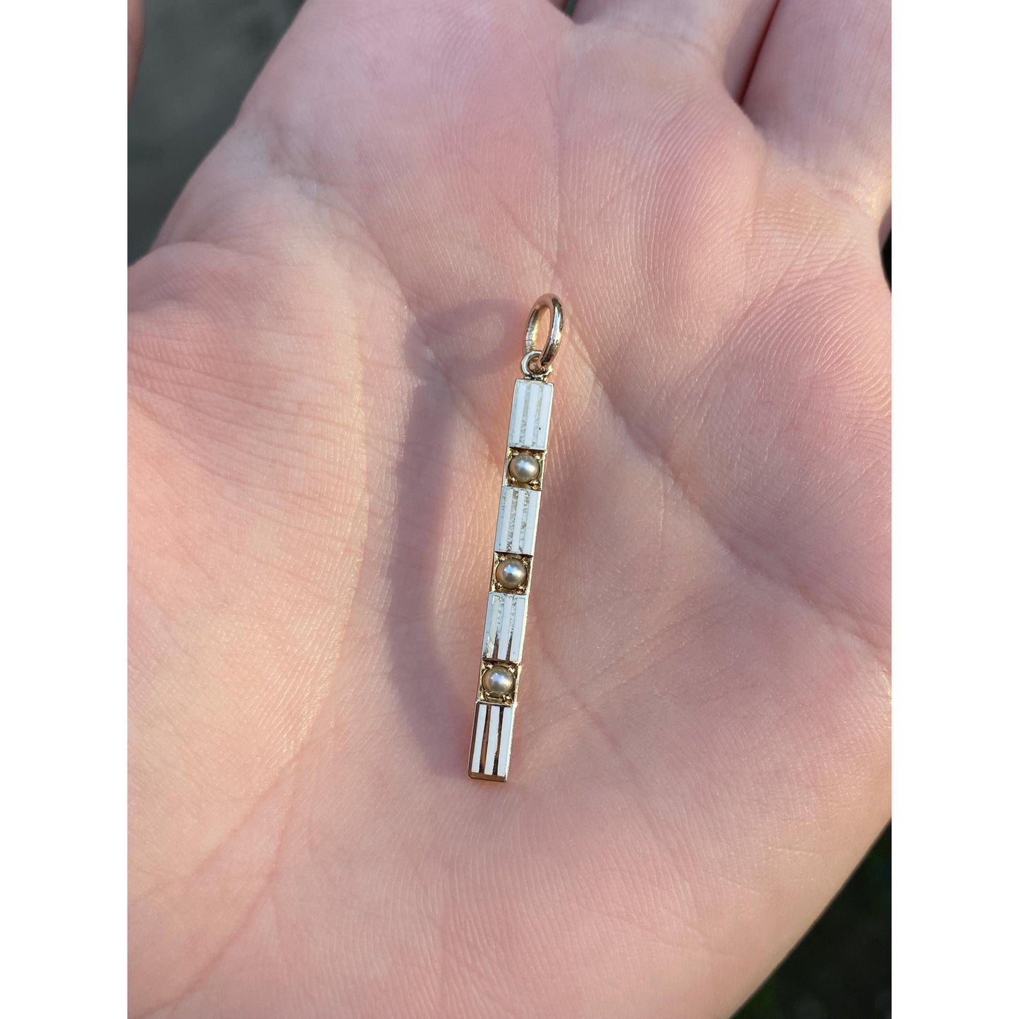 Vintage Solid 14k Yellow Gold White Enamel Pearl Row Charm