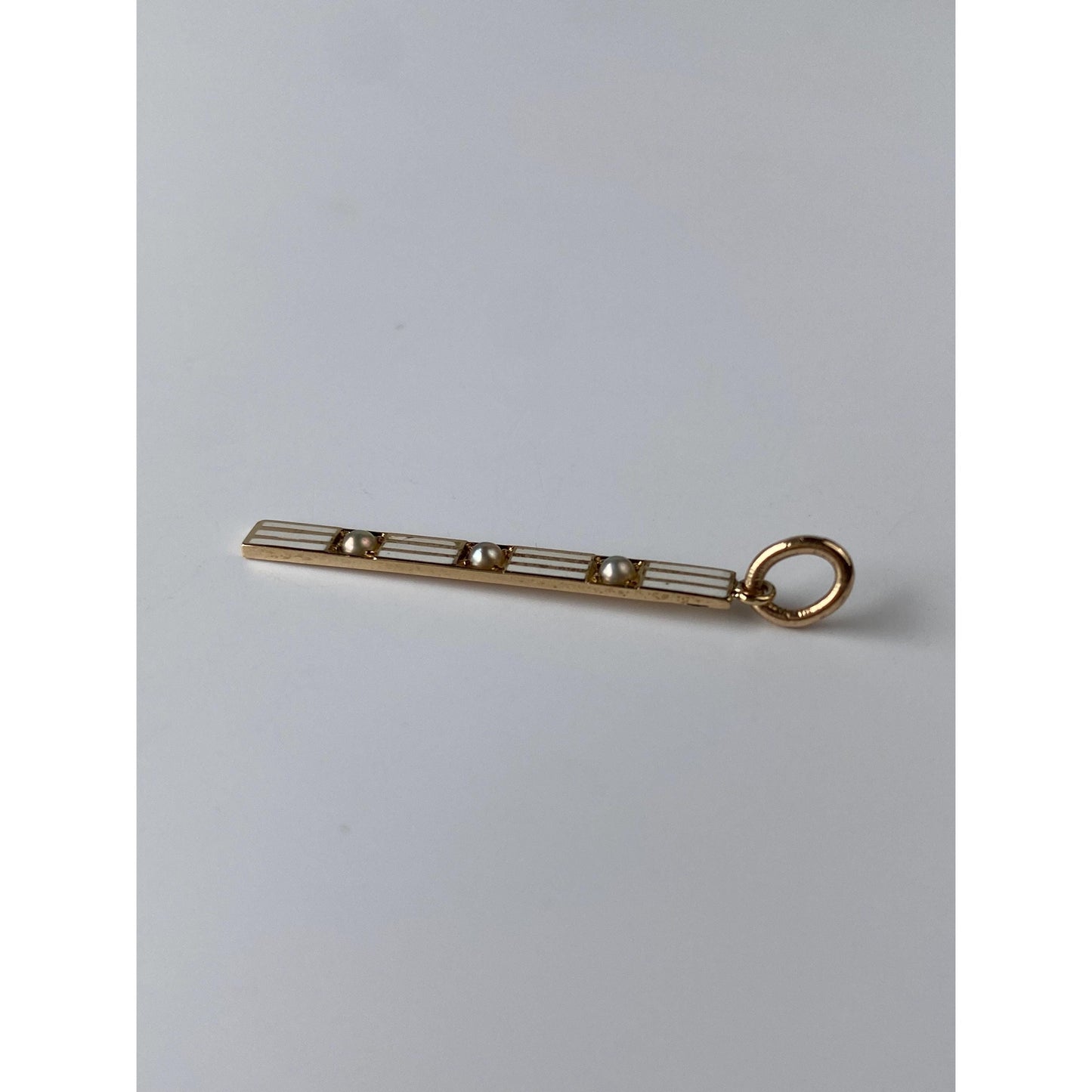 Vintage Solid 14k Yellow Gold White Enamel Pearl Row Charm