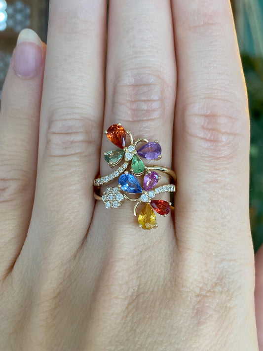 Vintage Solid 14k Yellow Gold Diamond & Colored Sapphire Butterfly Ring - Size 6.75