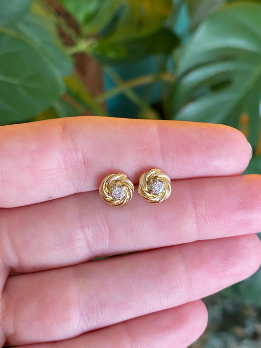 Vintage Solid 18k Yellow Gold Clear Sapphire Stud Earrings