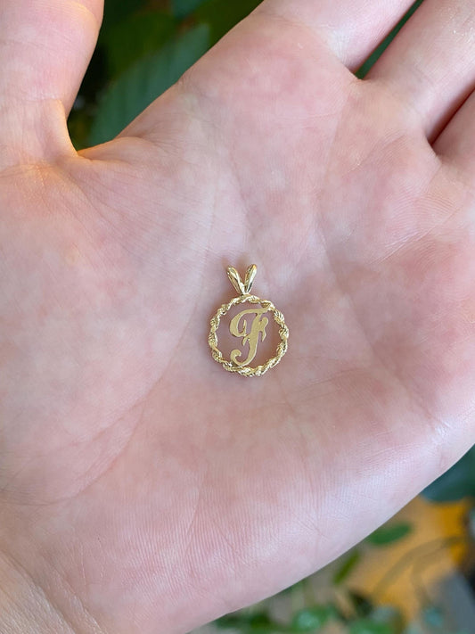 Solid 14k Yellow Gold Initial 'F' Rope Border Charm