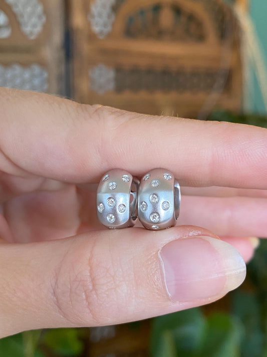 Vintage Solid 18k White Gold Diamond Satin Little Huggie Hoop Earrings