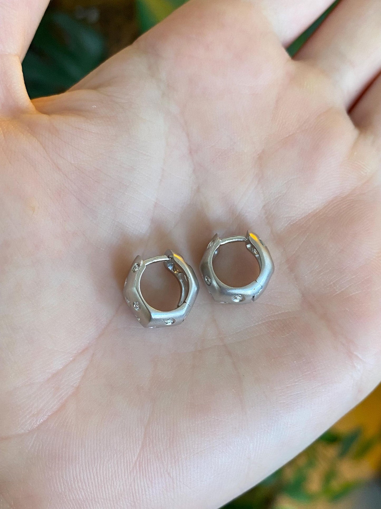 Vintage Solid 18k White Gold Diamond Satin Little Huggie Hoop Earrings