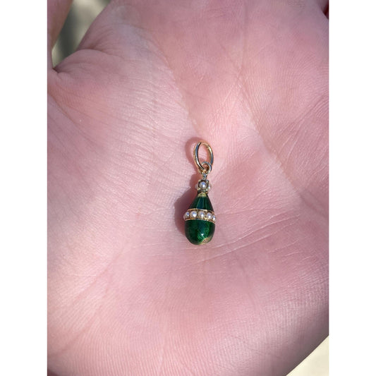 Vintage Solid 14k Yellow Gold Green Enamel Seed Pearl Drop Stick Pin Conversion Charm