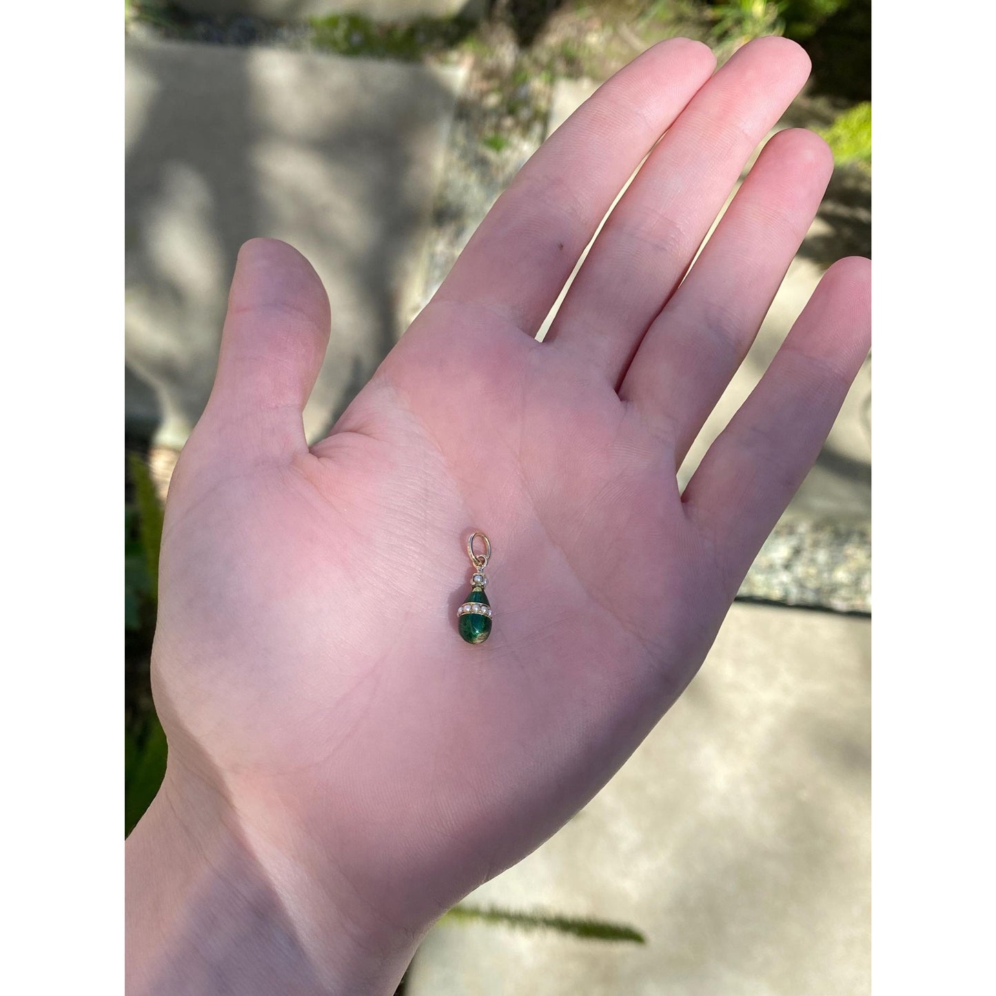 Vintage Solid 14k Yellow Gold Green Enamel Seed Pearl Drop Stick Pin Conversion Charm