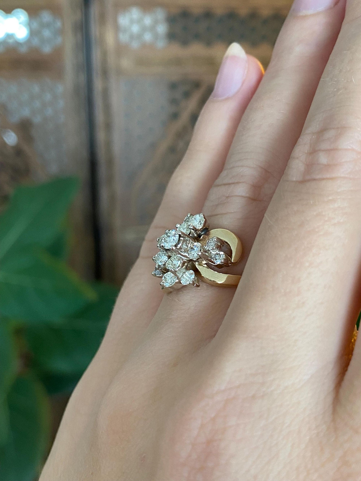 Vintage Solid 14k White & Yellow Gold Diamond Cluster Swirl Ring - Size 5.75