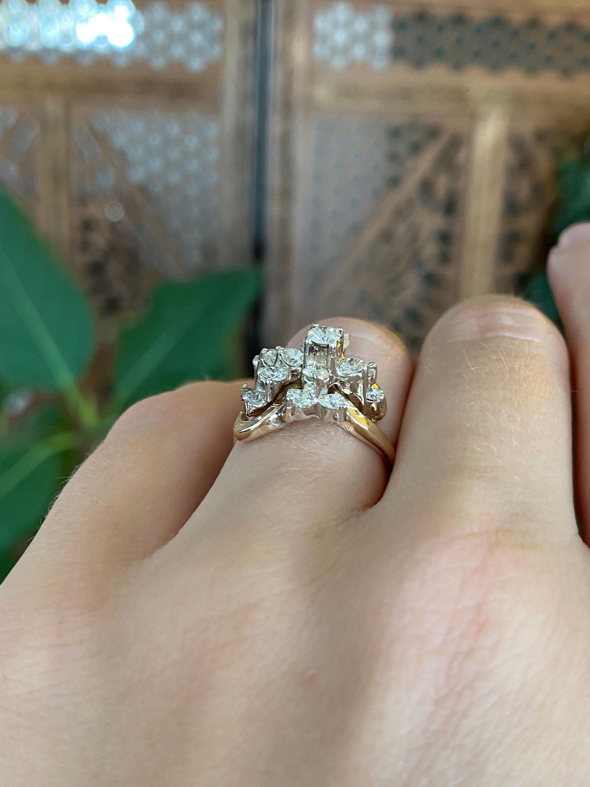 Vintage Solid 14k White & Yellow Gold Diamond Cluster Swirl Ring - Size 5.75