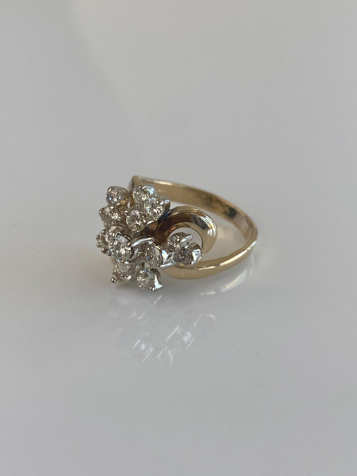 Vintage Solid 14k White & Yellow Gold Diamond Cluster Swirl Ring - Size 5.75