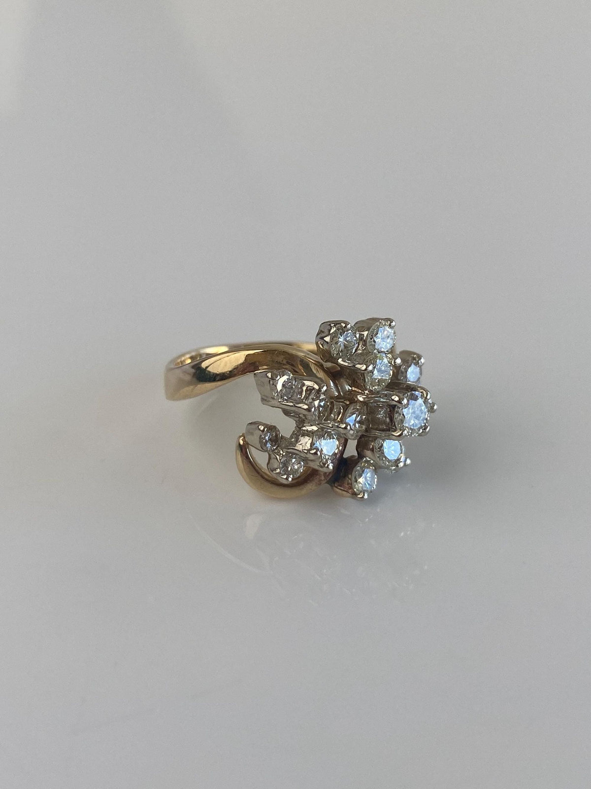 Vintage Solid 14k White & Yellow Gold Diamond Cluster Swirl Ring - Size 5.75