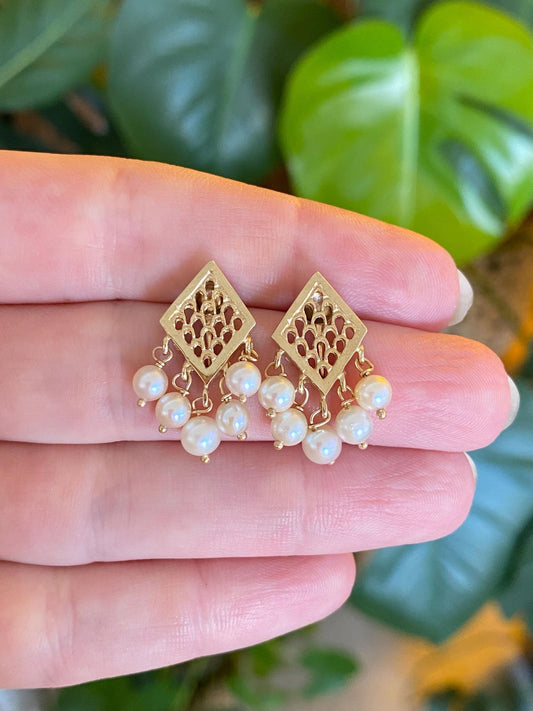 Vintage Solid 14k Yellow Gold Open Work Pearl Fringe Stud Earrings