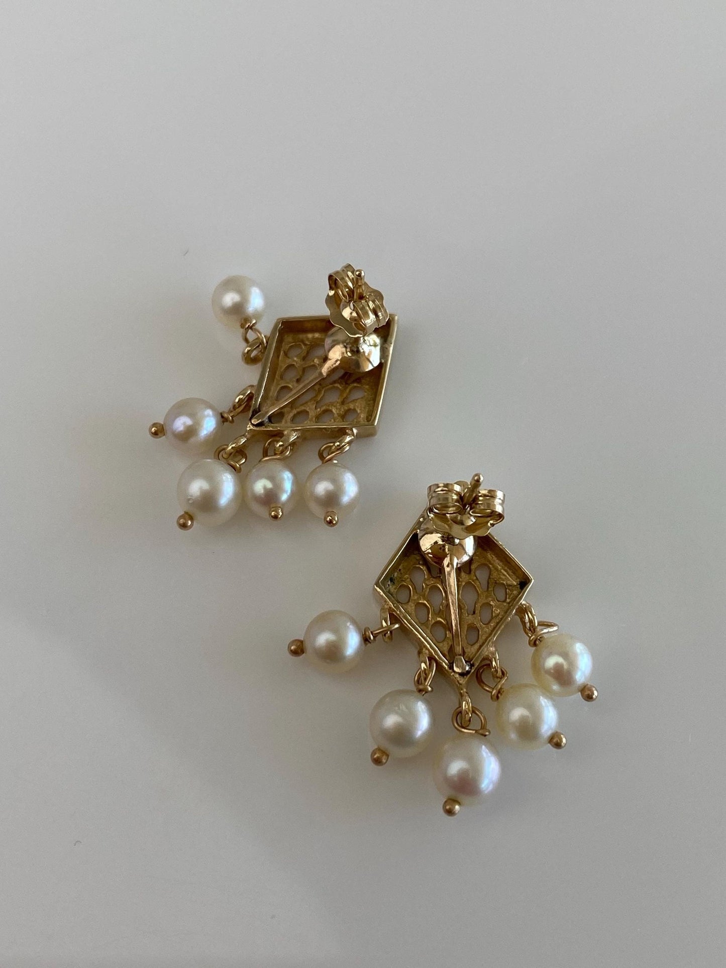 Vintage Solid 14k Yellow Gold Open Work Pearl Fringe Stud Earrings