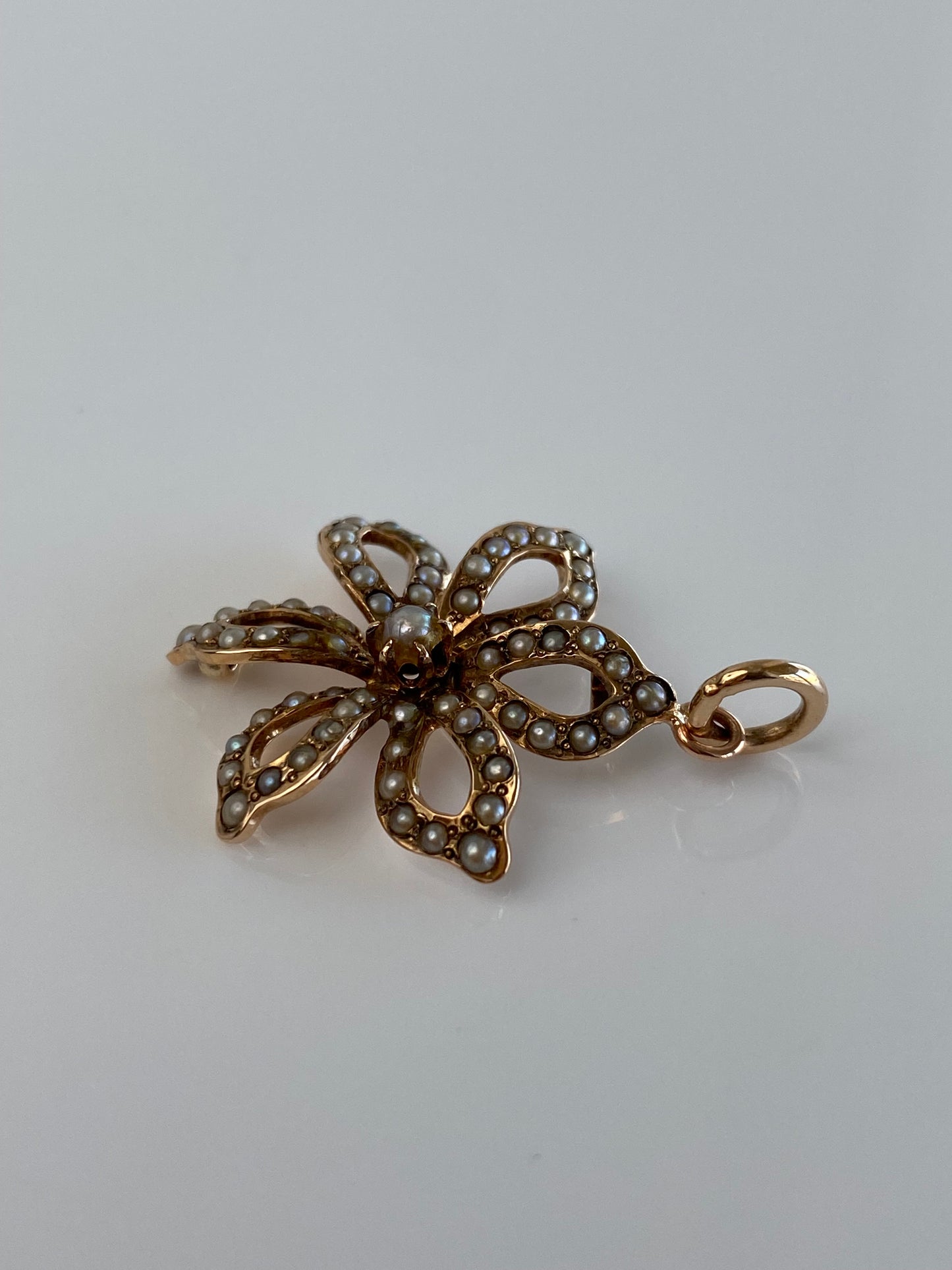 Vintage Solid 10k Rosey Gold Seed Pearls Flower Charm
