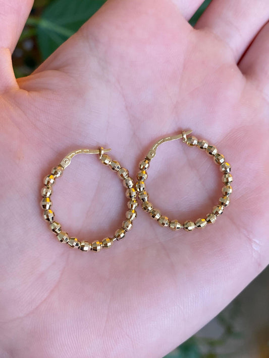 Vintage Solid 14k Yellow Gold Faceted Bead Hoop Earrings