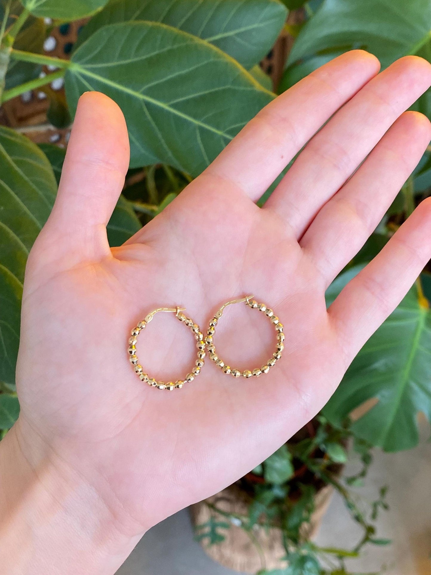 Vintage Solid 14k Yellow Gold Faceted Bead Hoop Earrings