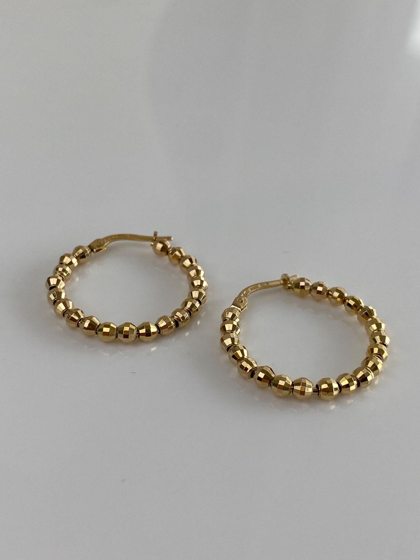 Vintage Solid 14k Yellow Gold Faceted Bead Hoop Earrings