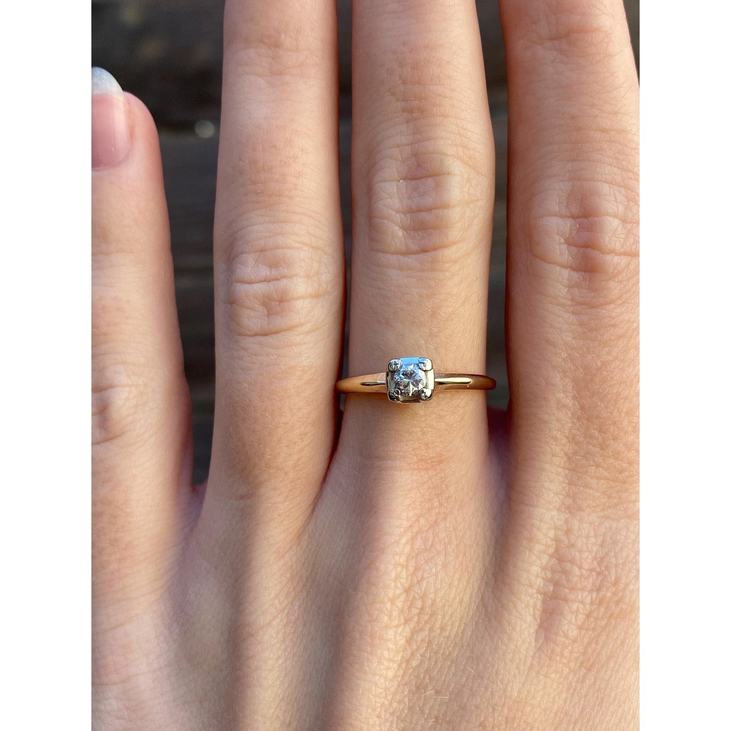 Vintage Solid 14k White & Yellow Gold Diamond Engagement Ring - Size 7
