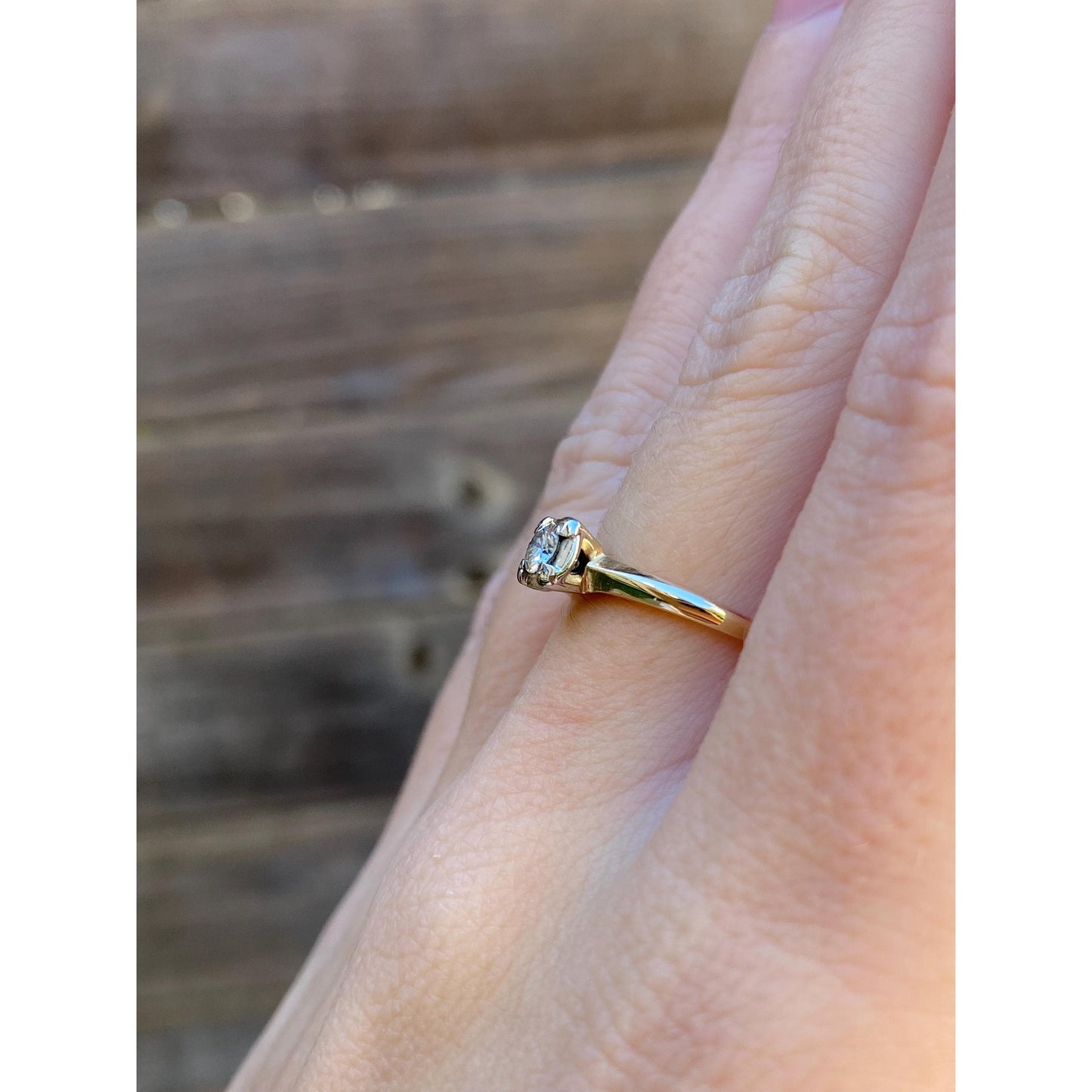 Vintage Solid 14k White & Yellow Gold Diamond Engagement Ring - Size 7