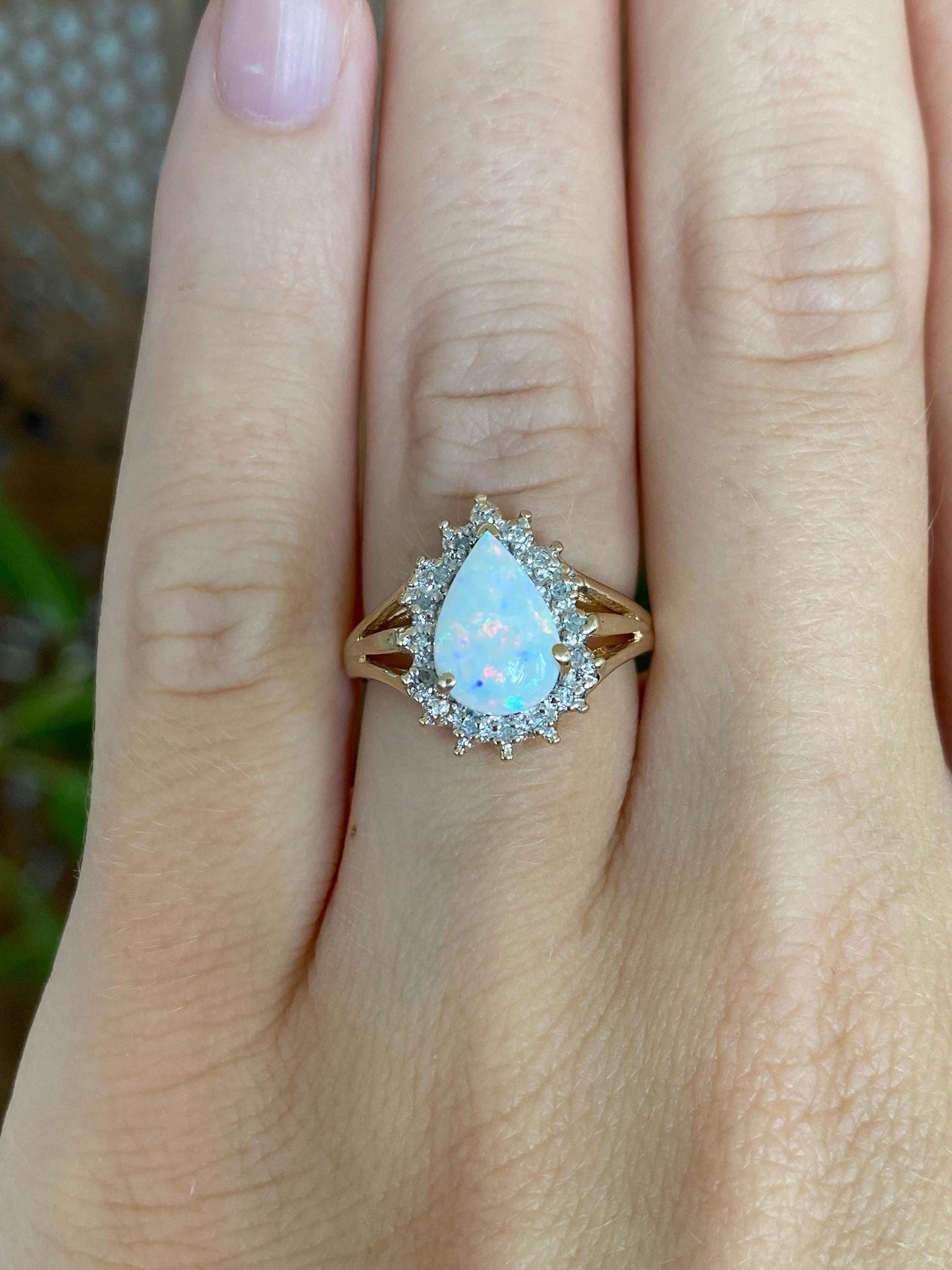Vintage Solid 10k White & Yellow Gold Diamond Halo Opal Teardrop Ring - Size 5.5