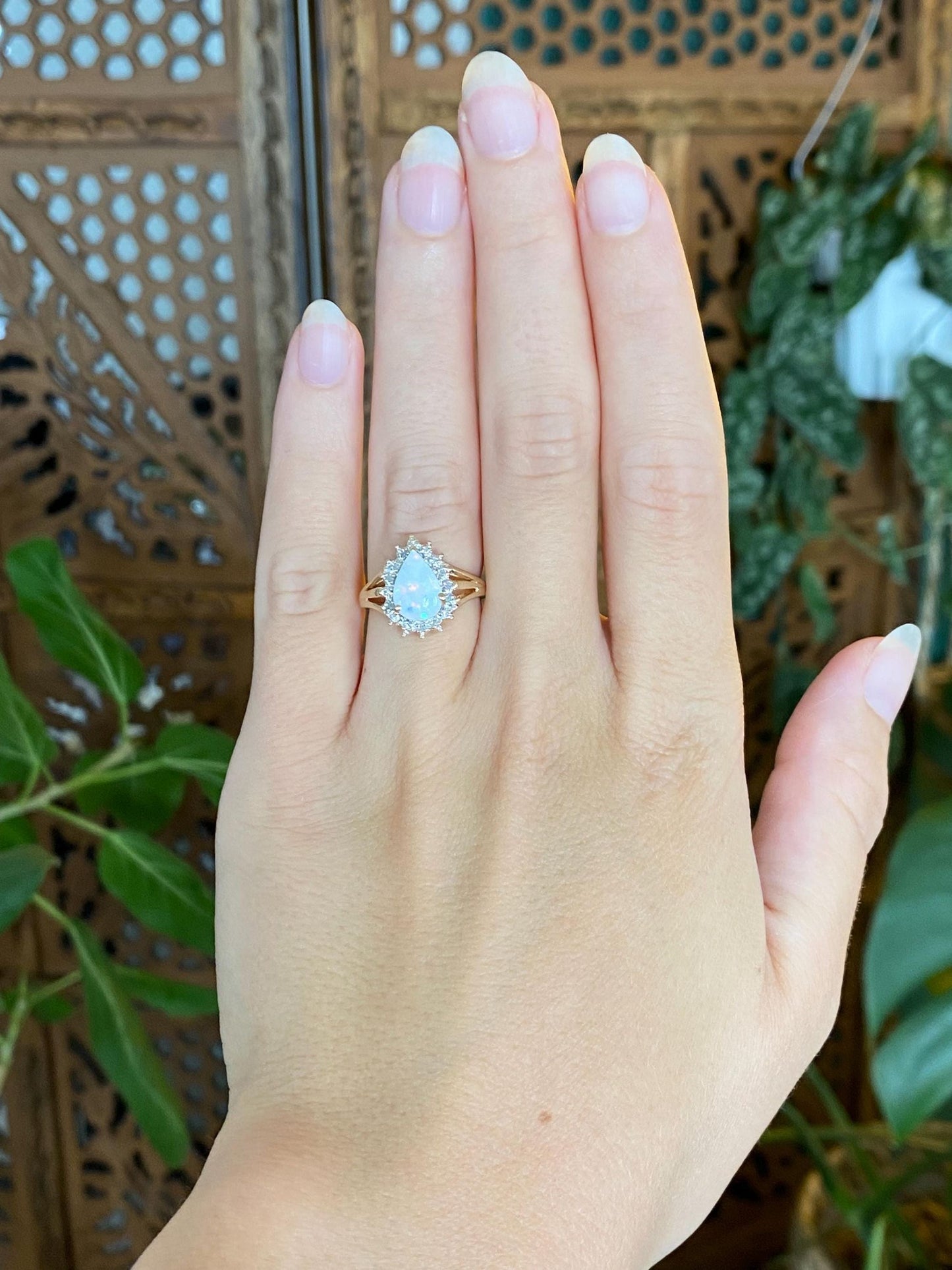 Vintage Solid 10k White & Yellow Gold Diamond Halo Opal Teardrop Ring - Size 5.5