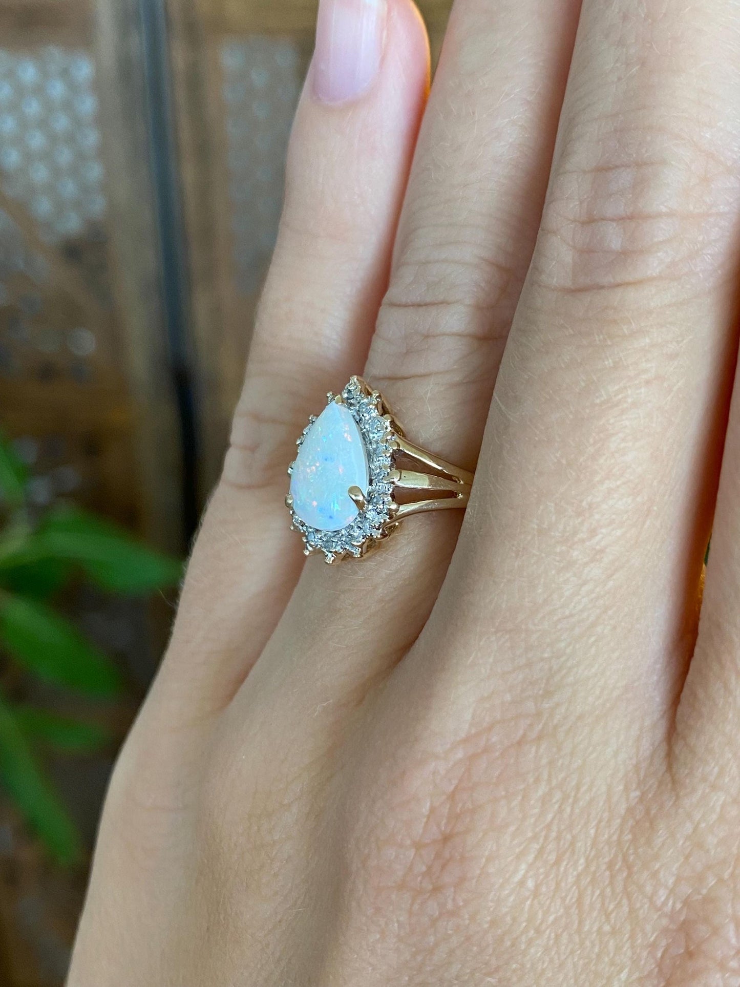 Vintage Solid 10k White & Yellow Gold Diamond Halo Opal Teardrop Ring - Size 5.5