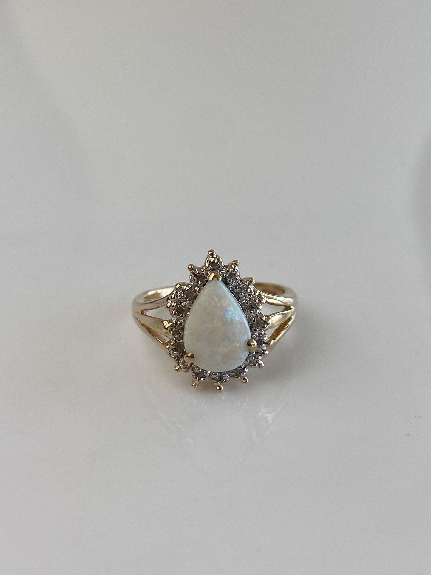 Vintage Solid 10k White & Yellow Gold Diamond Halo Opal Teardrop Ring - Size 5.5