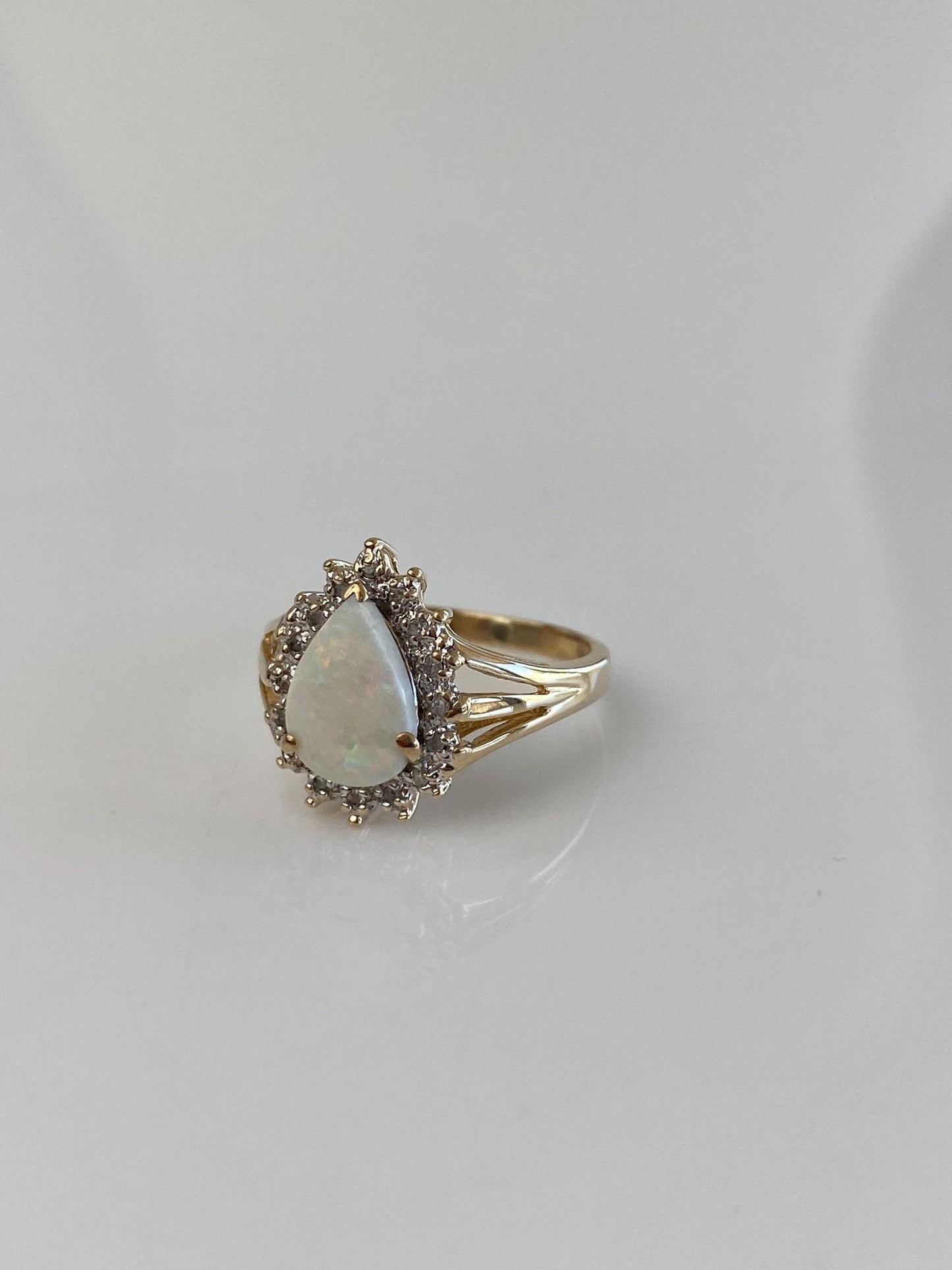 Vintage Solid 10k White & Yellow Gold Diamond Halo Opal Teardrop Ring - Size 5.5