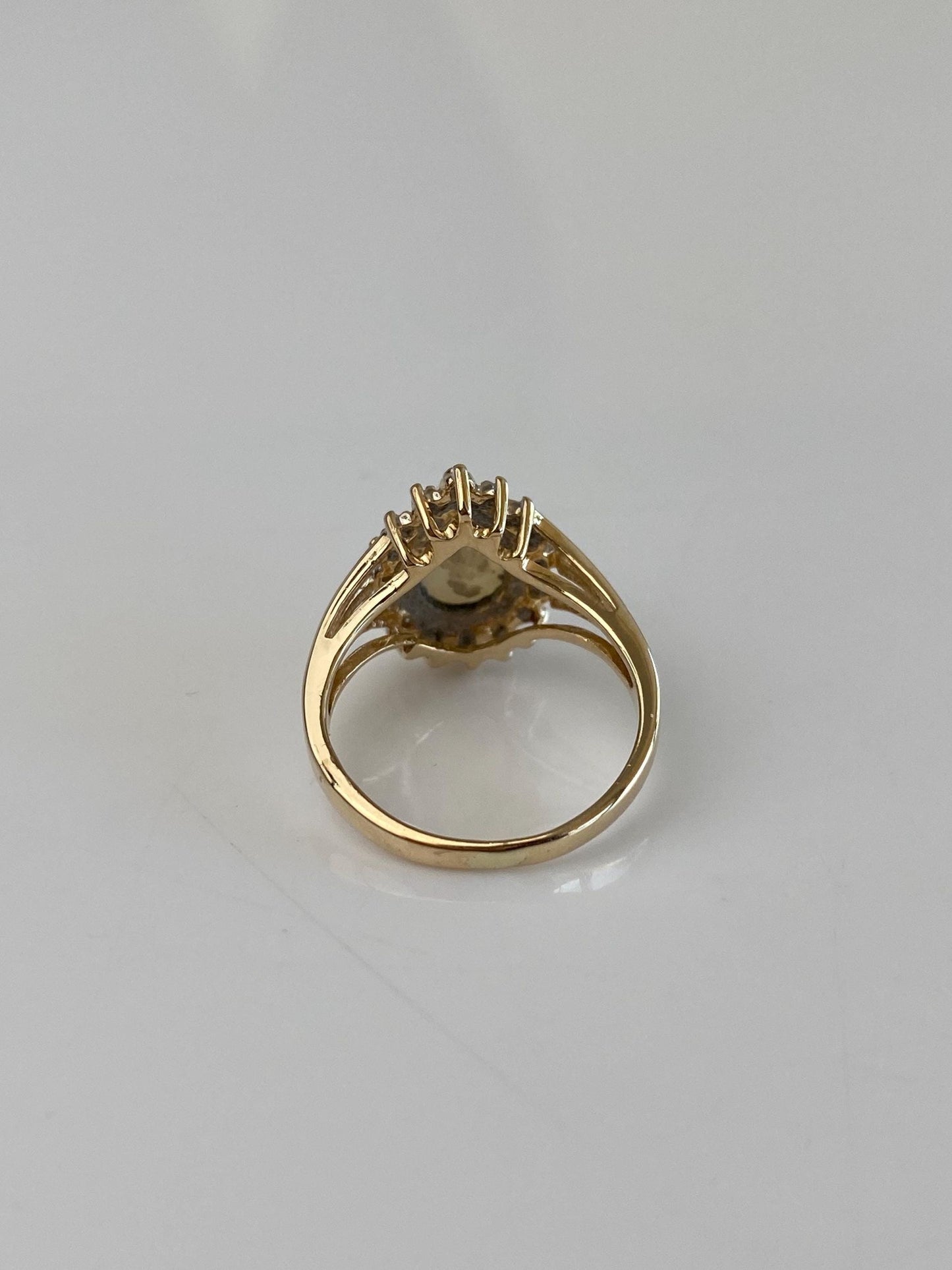 Vintage Solid 10k White & Yellow Gold Diamond Halo Opal Teardrop Ring - Size 5.5