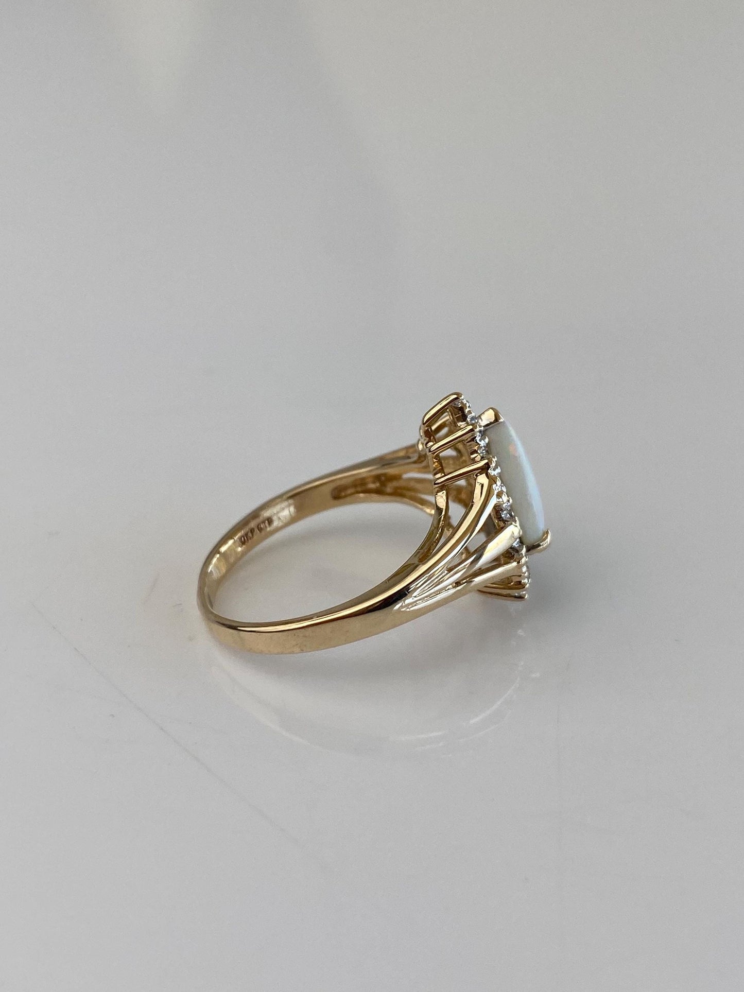 Vintage Solid 10k White & Yellow Gold Diamond Halo Opal Teardrop Ring - Size 5.5