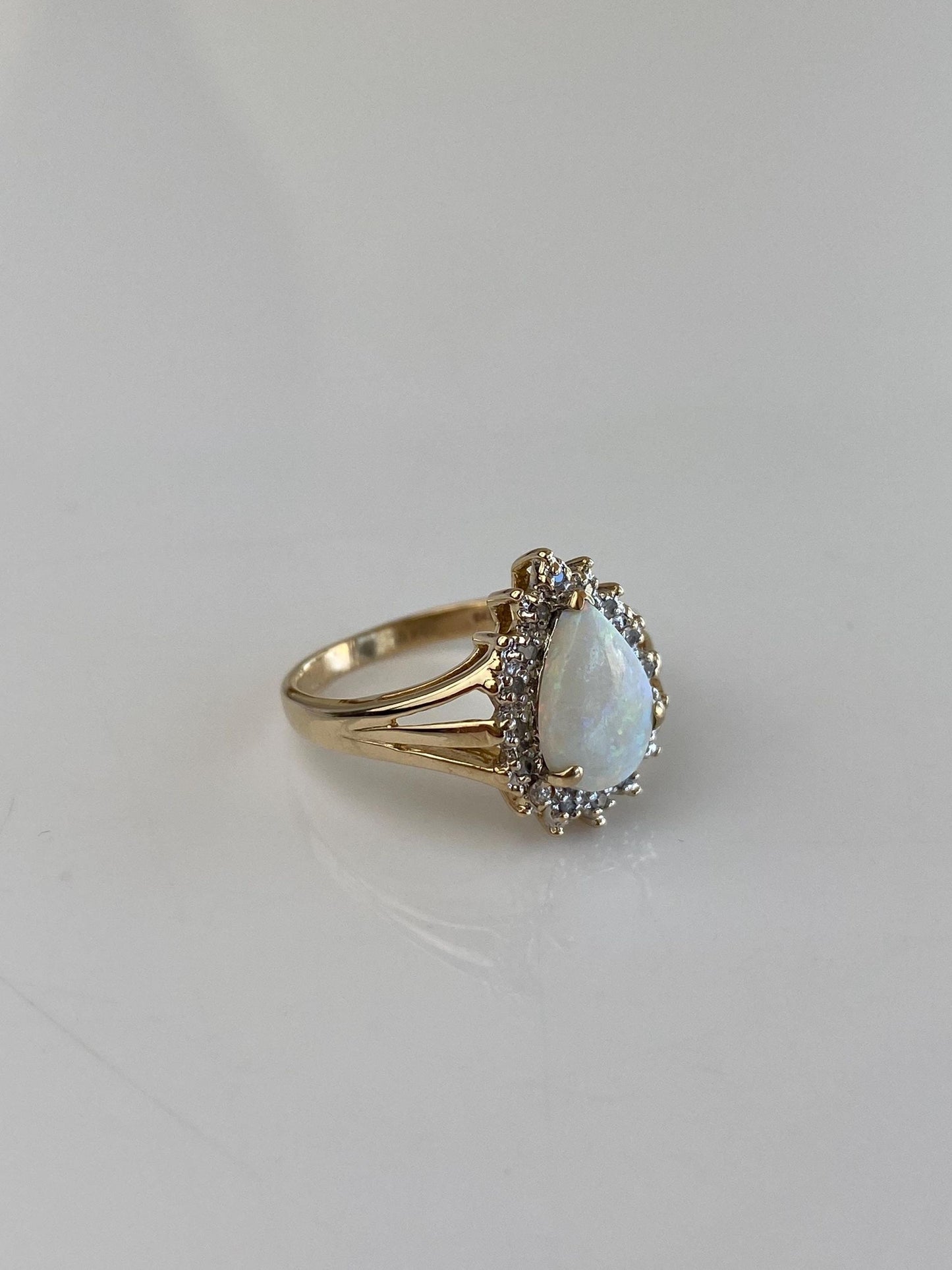 Vintage Solid 10k White & Yellow Gold Diamond Halo Opal Teardrop Ring - Size 5.5