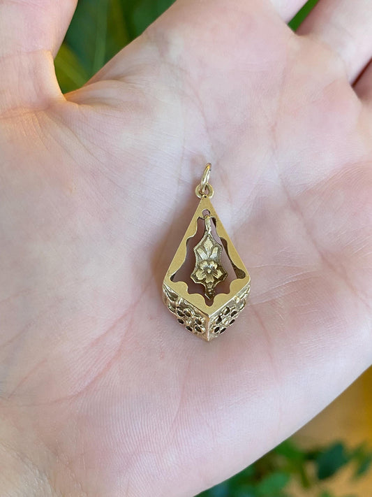 Vintage Solid 14k Yellow Gold Floral Dangle Diamond Shape Charm