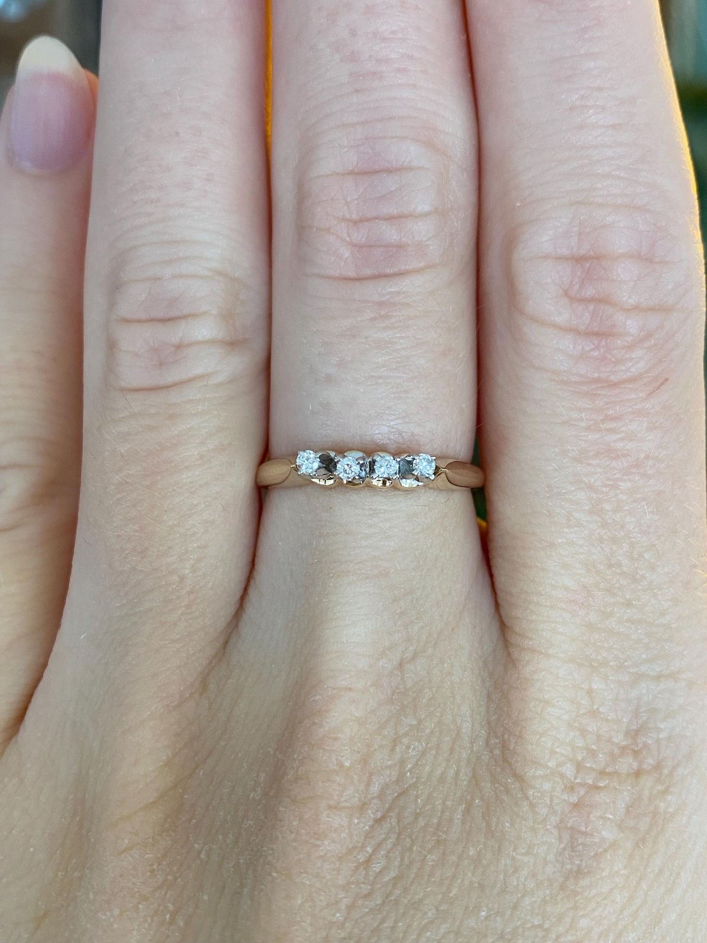 Vintage Solid 14k White & Yellow Gold Diamond Row Ring - Size 6.5