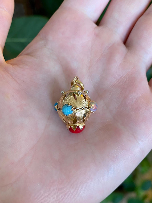 Vintage Solid 18k White & Yellow Gold Enamel Glass Cabochons Open Work Ball Charm