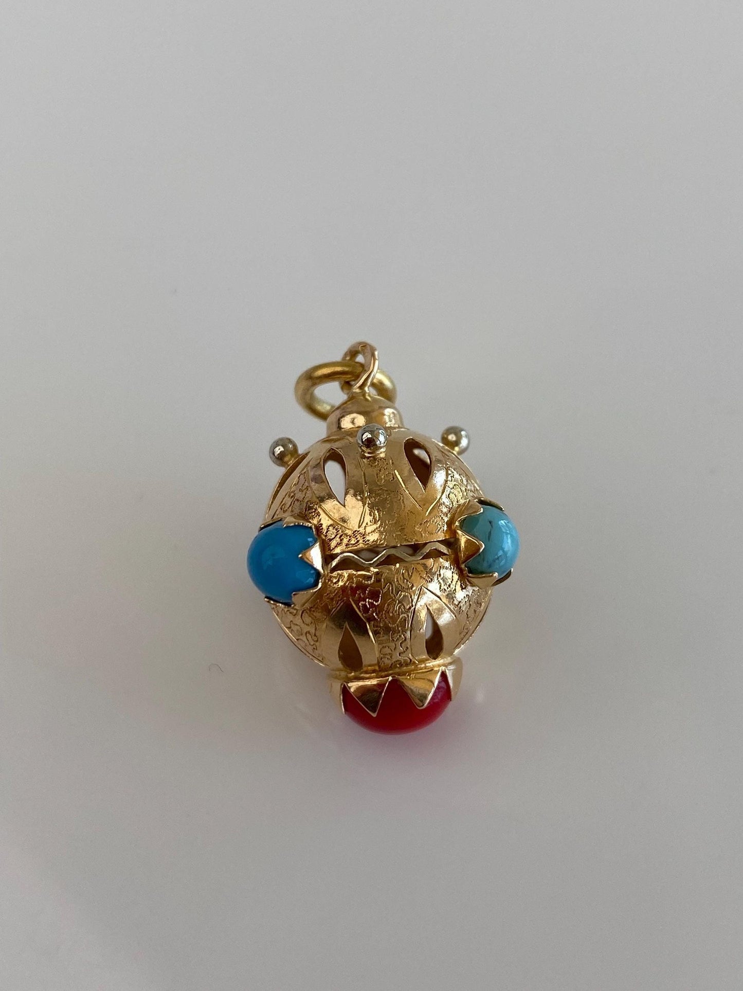 Vintage Solid 18k White & Yellow Gold Enamel Glass Cabochons Open Work Ball Charm