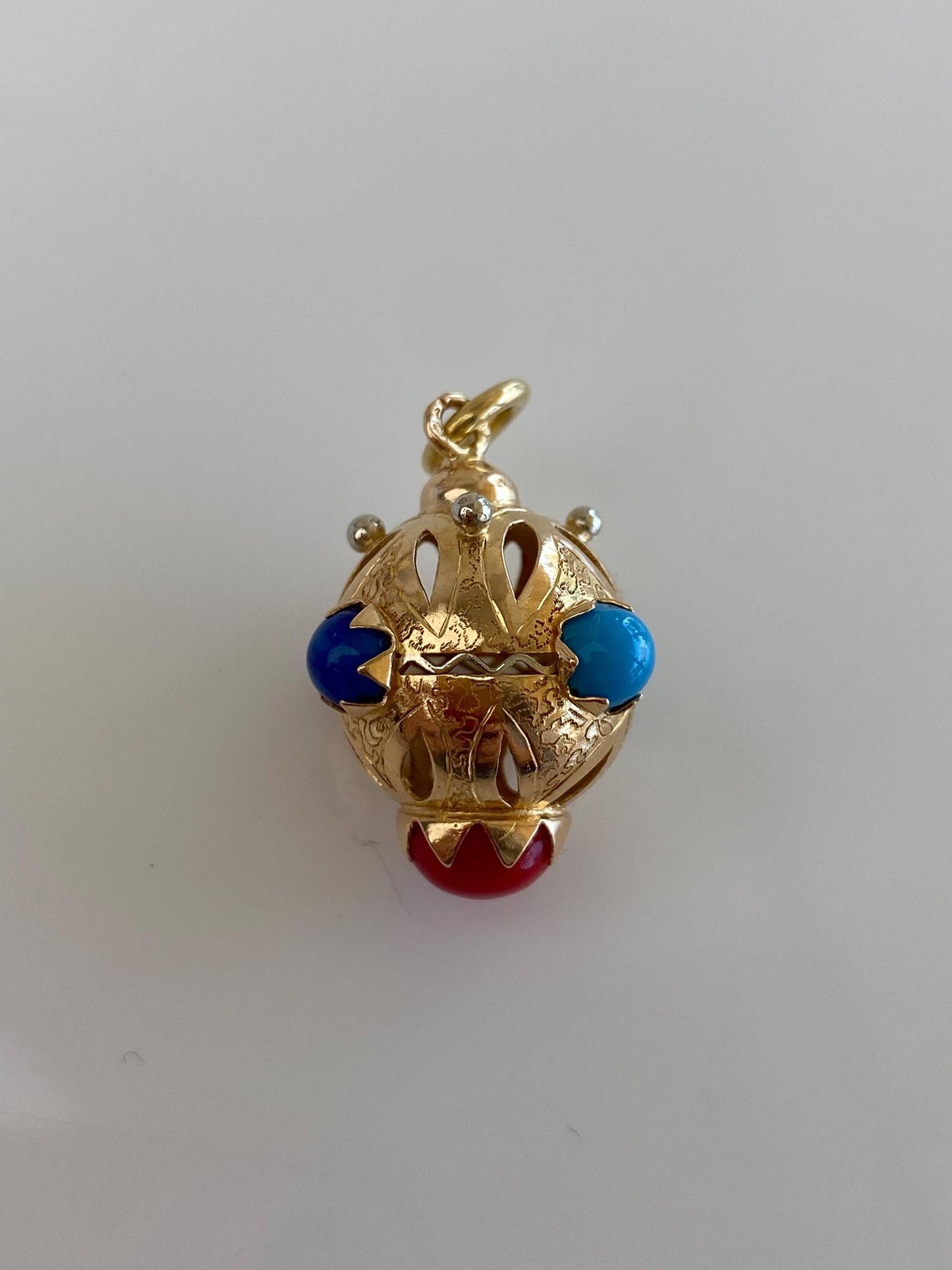 Vintage Solid 18k White & Yellow Gold Enamel Glass Cabochons Open Work Ball Charm