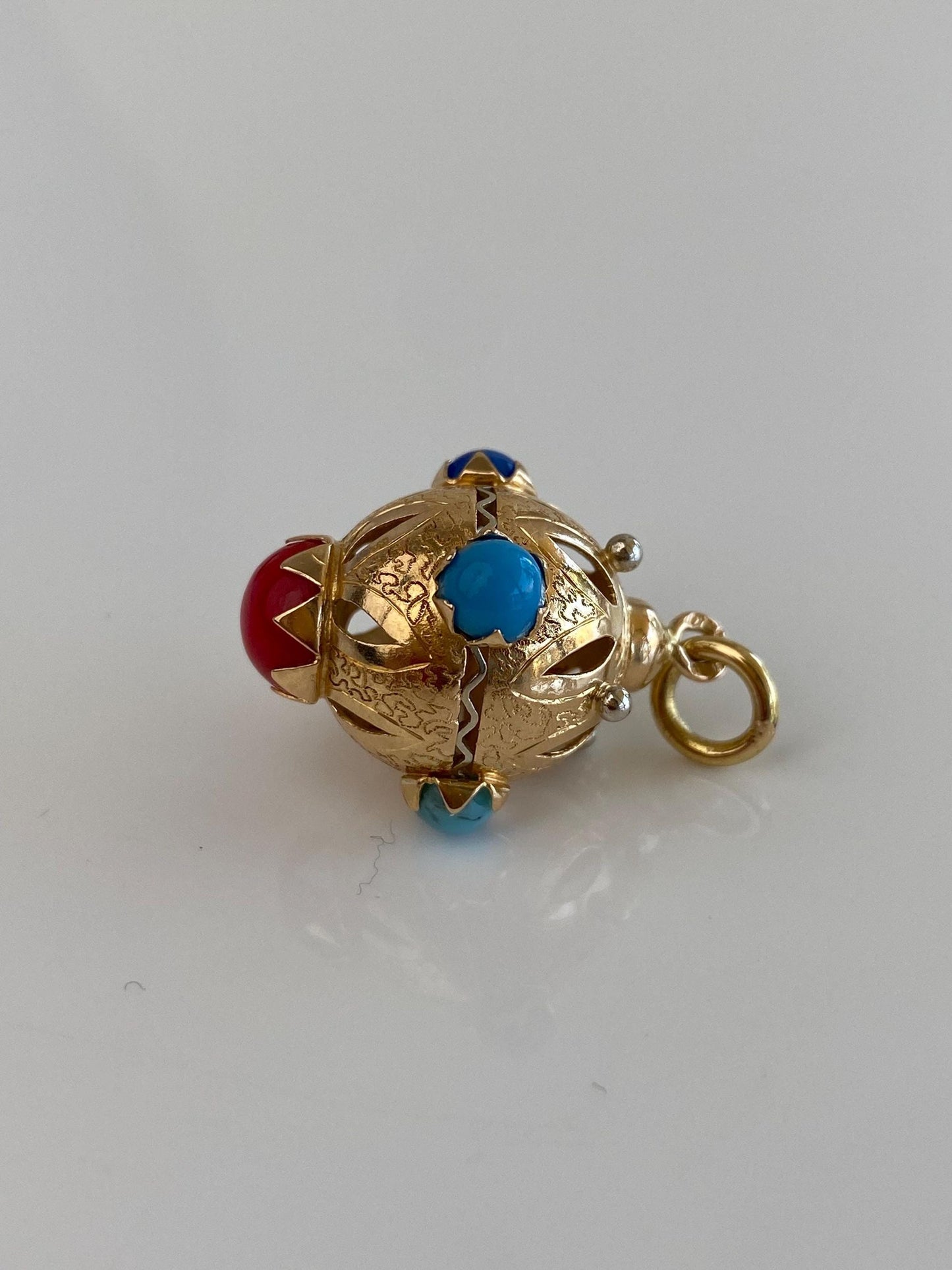 Vintage Solid 18k White & Yellow Gold Enamel Glass Cabochons Open Work Ball Charm