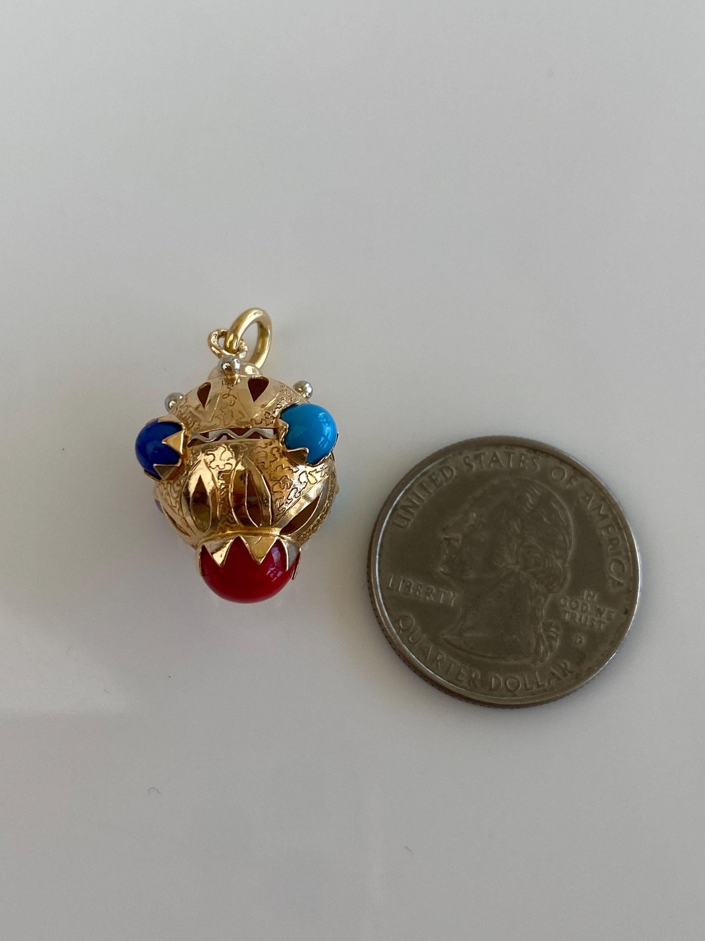 Vintage Solid 18k White & Yellow Gold Enamel Glass Cabochons Open Work Ball Charm