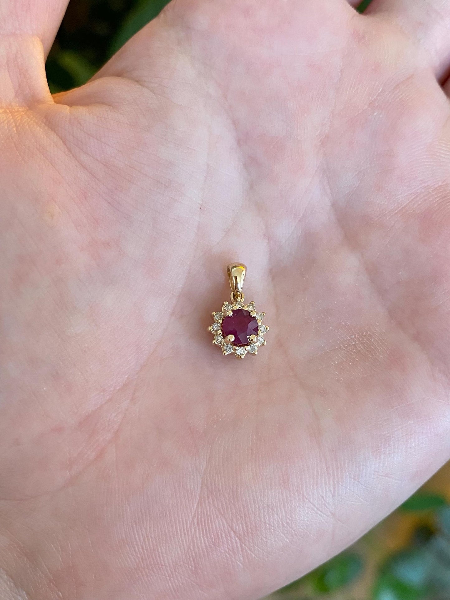 Vintage Solid 14k Yellow Gold Ruby Diamond Halo Charm