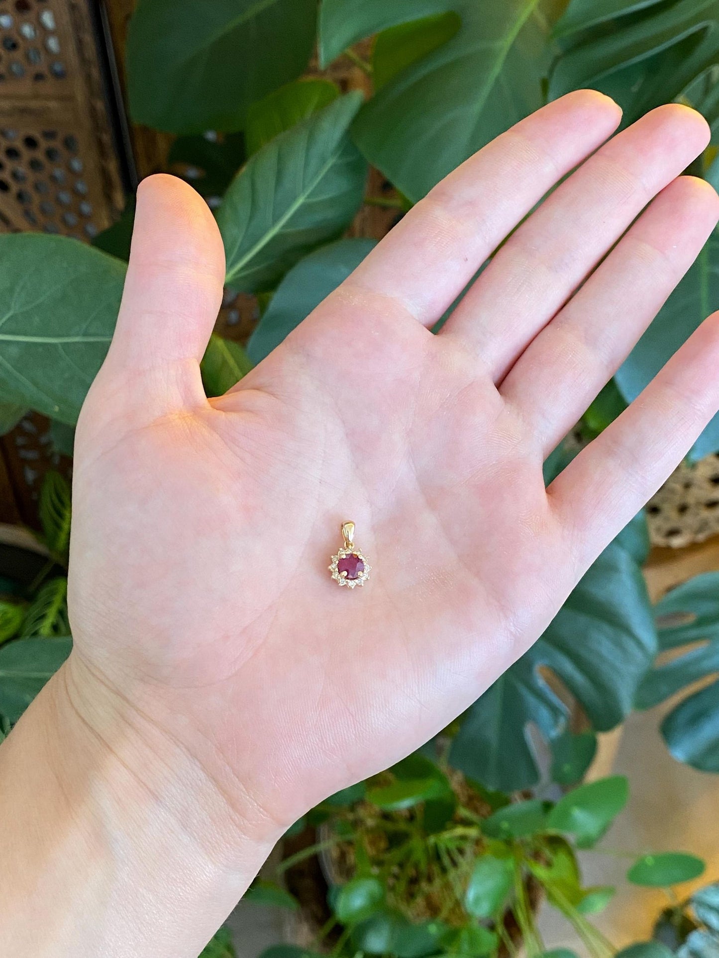 Vintage Solid 14k Yellow Gold Ruby Diamond Halo Charm