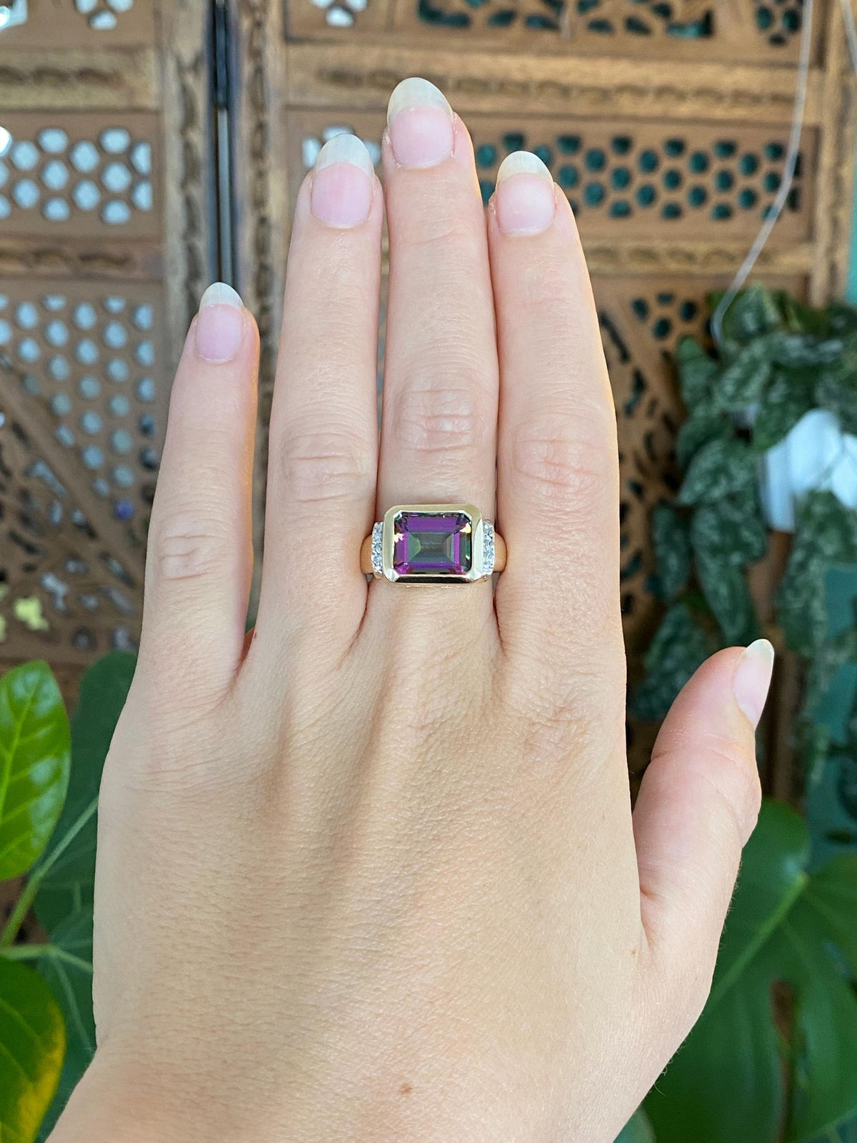 Vintage Solid 14k White & Yellow Gold Diamond Mystic Topaz Ring - Size 7.75