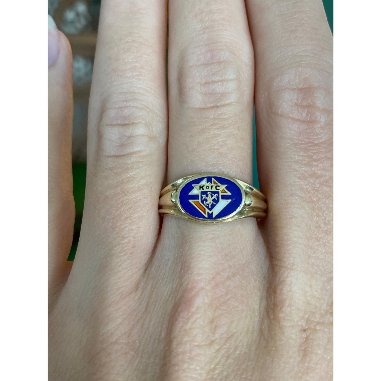 Vintage Solid 14k Yellow Gold Enamel Ring - Size 9