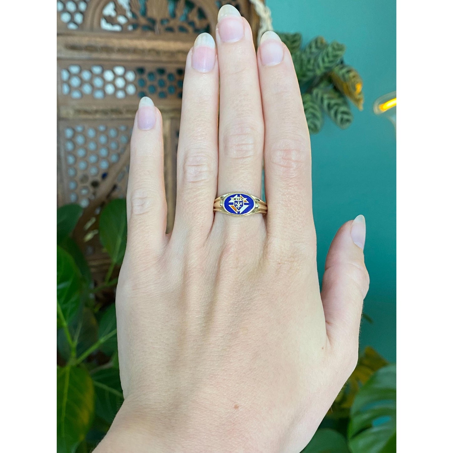 Vintage Solid 14k Yellow Gold Enamel Ring - Size 9