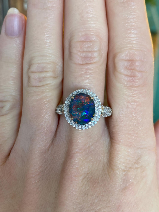 Vintage Solid 10k Yellow Gold Clear Topaz Opal Triplet Ring - Size 9.75