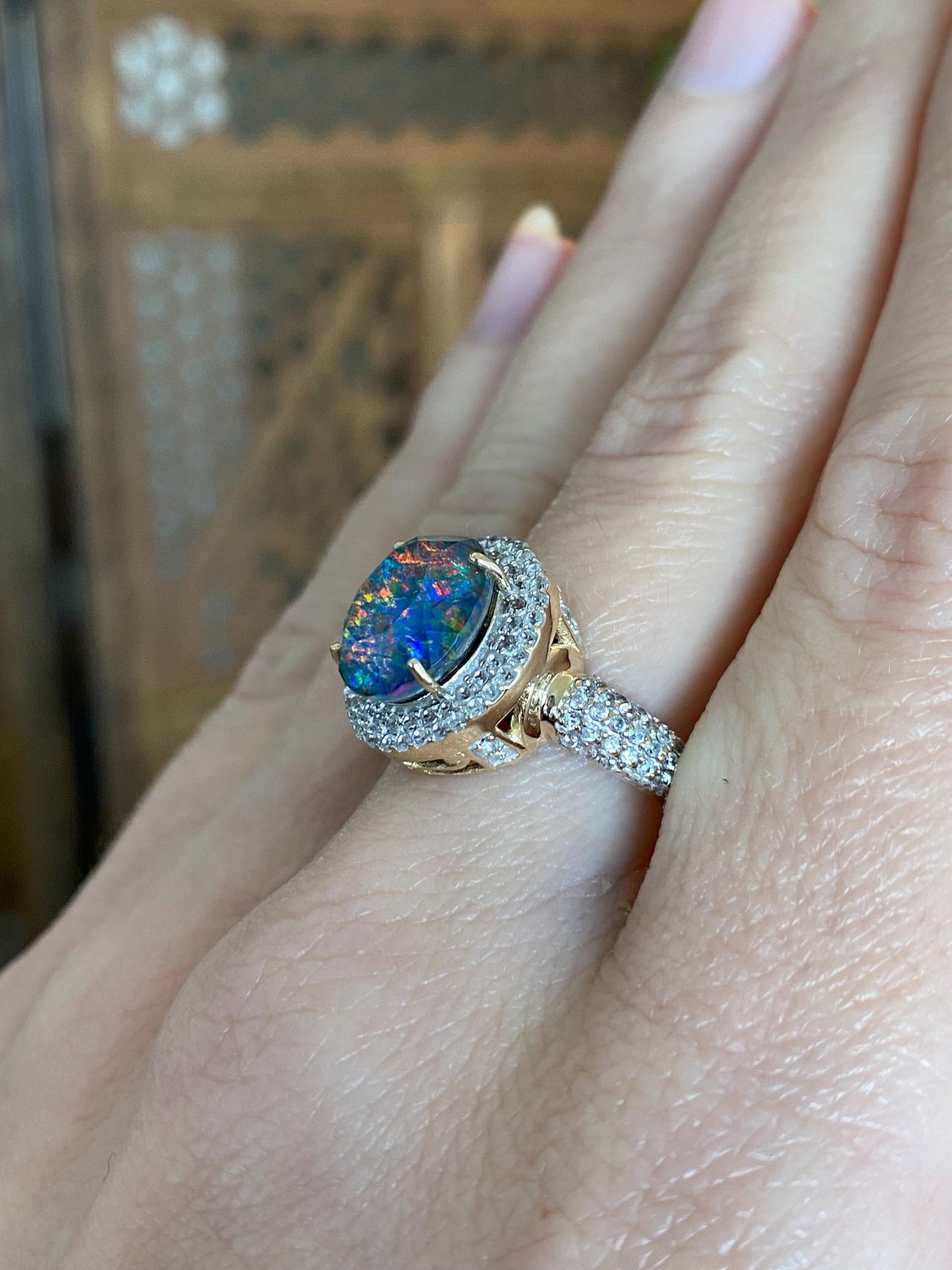 Vintage Solid 10k Yellow Gold Clear Topaz Opal Triplet Ring - Size 9.75