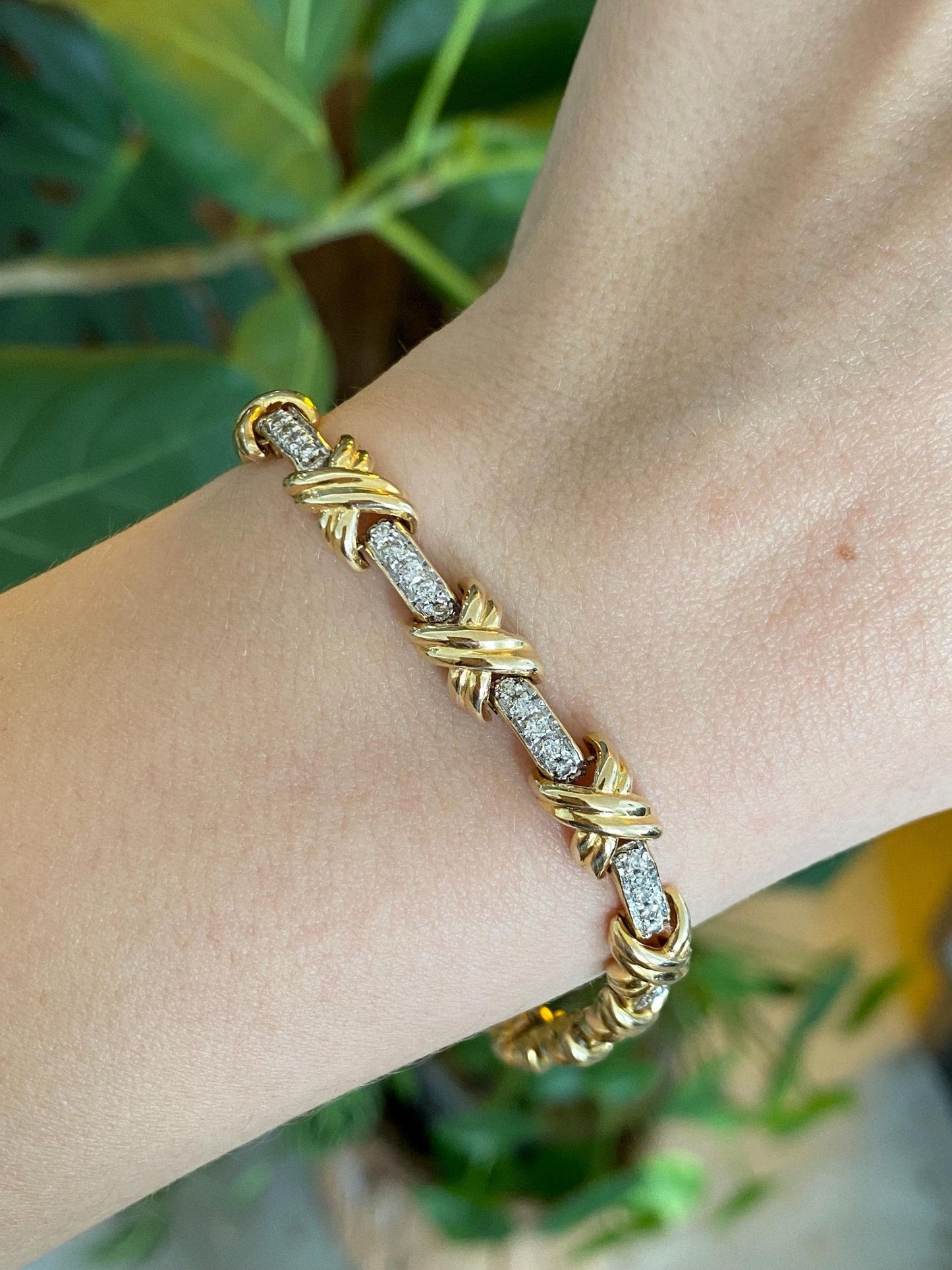 Vintage Solid 14k White & Yellow Gold Diamond X Link Bracelet - 7.5 Inches