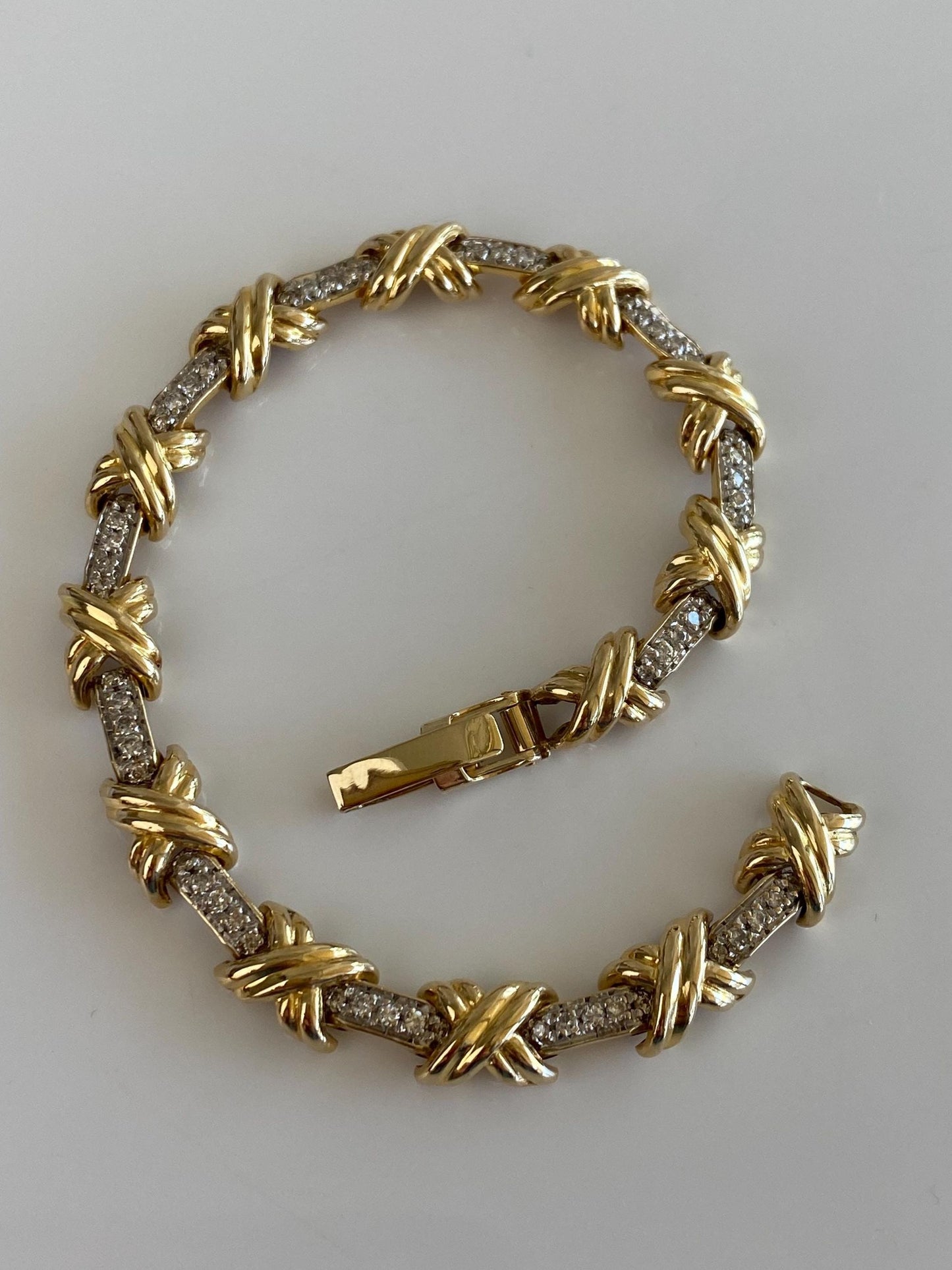Vintage Solid 14k White & Yellow Gold Diamond X Link Bracelet - 7.5 Inches