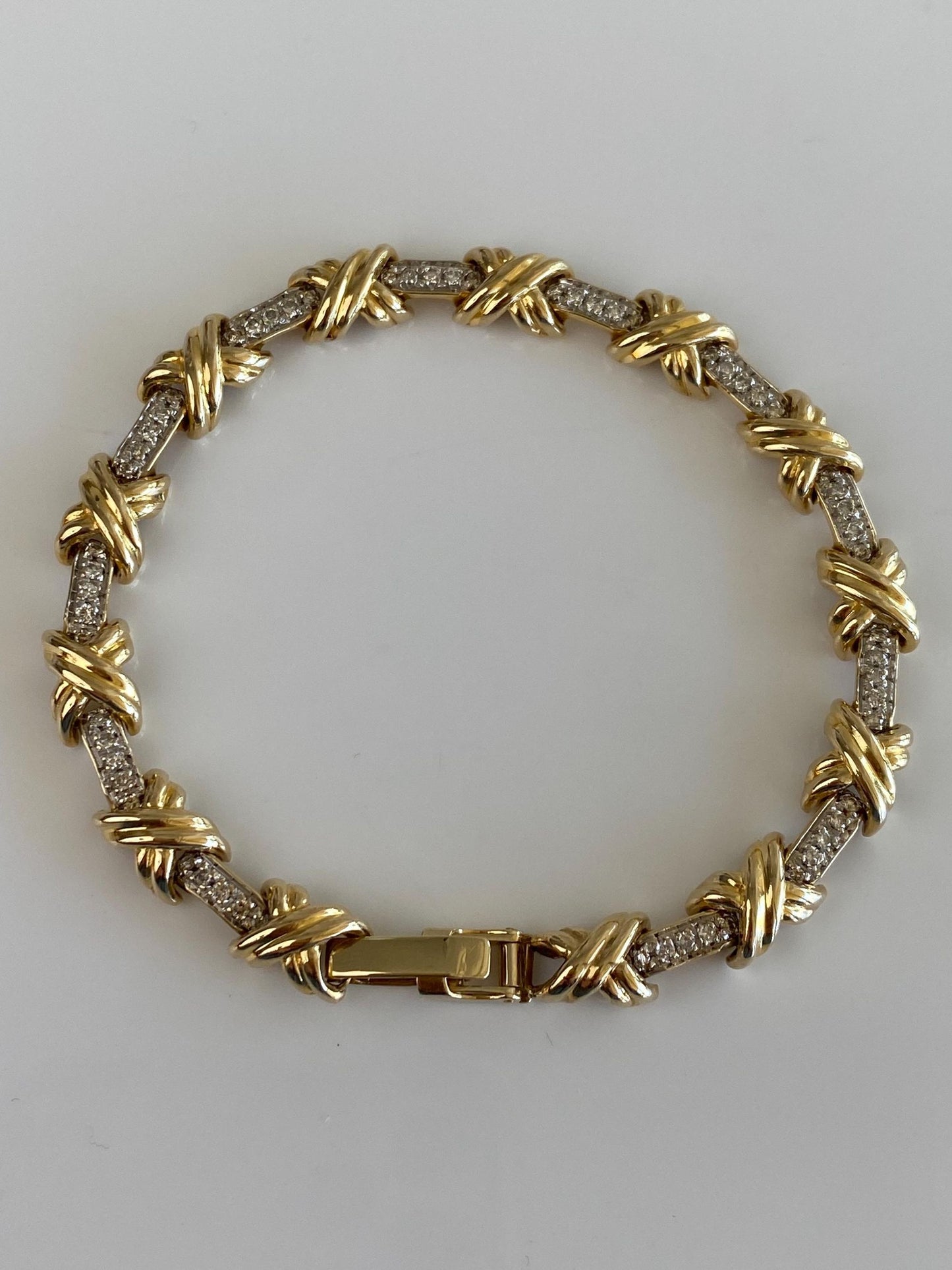 Vintage Solid 14k White & Yellow Gold Diamond X Link Bracelet - 7.5 Inches