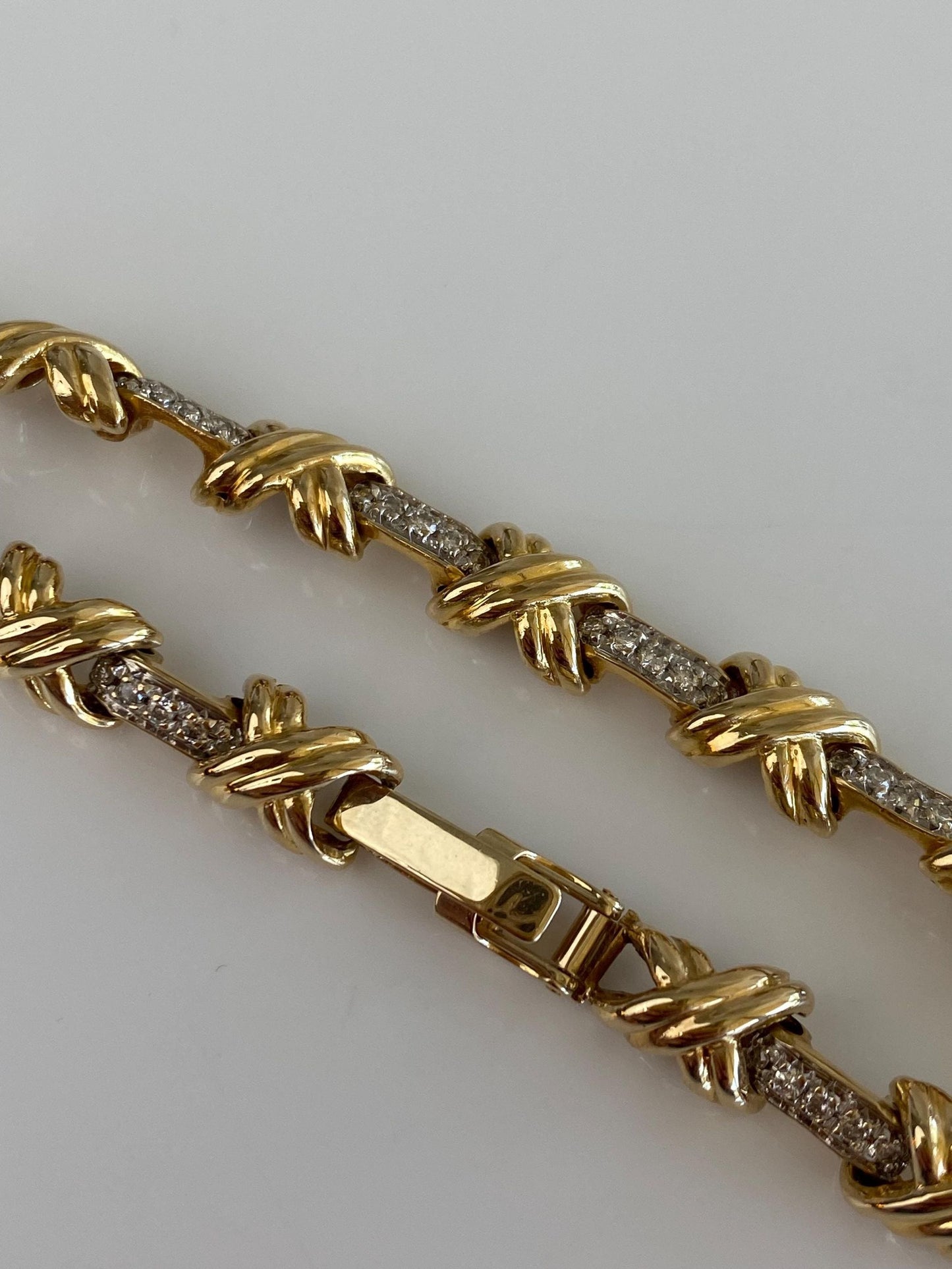 Vintage Solid 14k White & Yellow Gold Diamond X Link Bracelet - 7.5 Inches