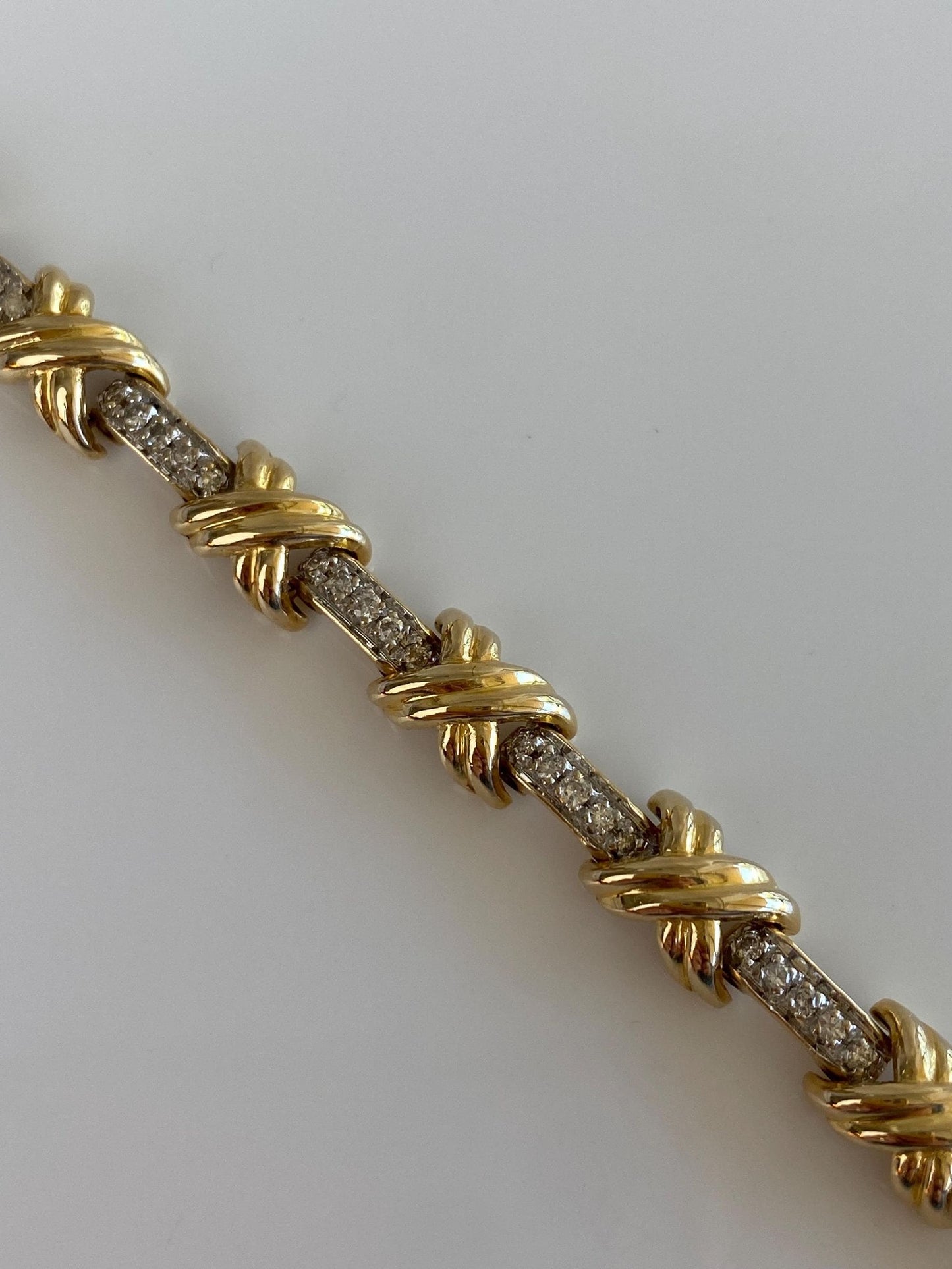 Vintage Solid 14k White & Yellow Gold Diamond X Link Bracelet - 7.5 Inches